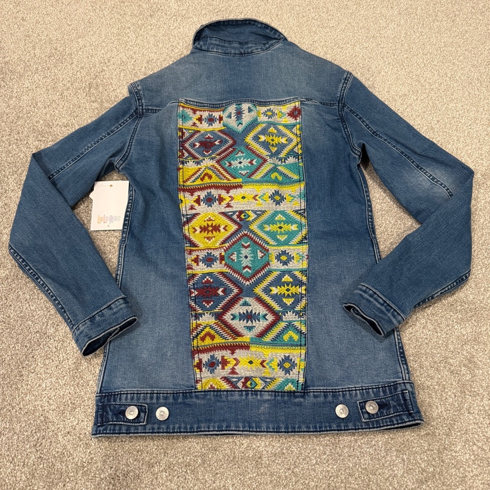 NWT LuLaRoe Jean Jacket Women’s XS Jaxon Southwest Aztec Embroidered Blue Denim